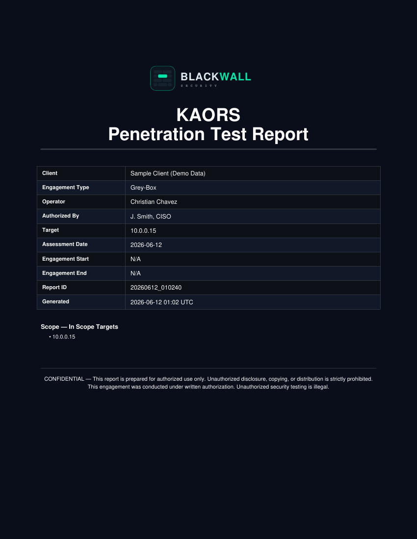 KAORS penetration test report cover (sample data)